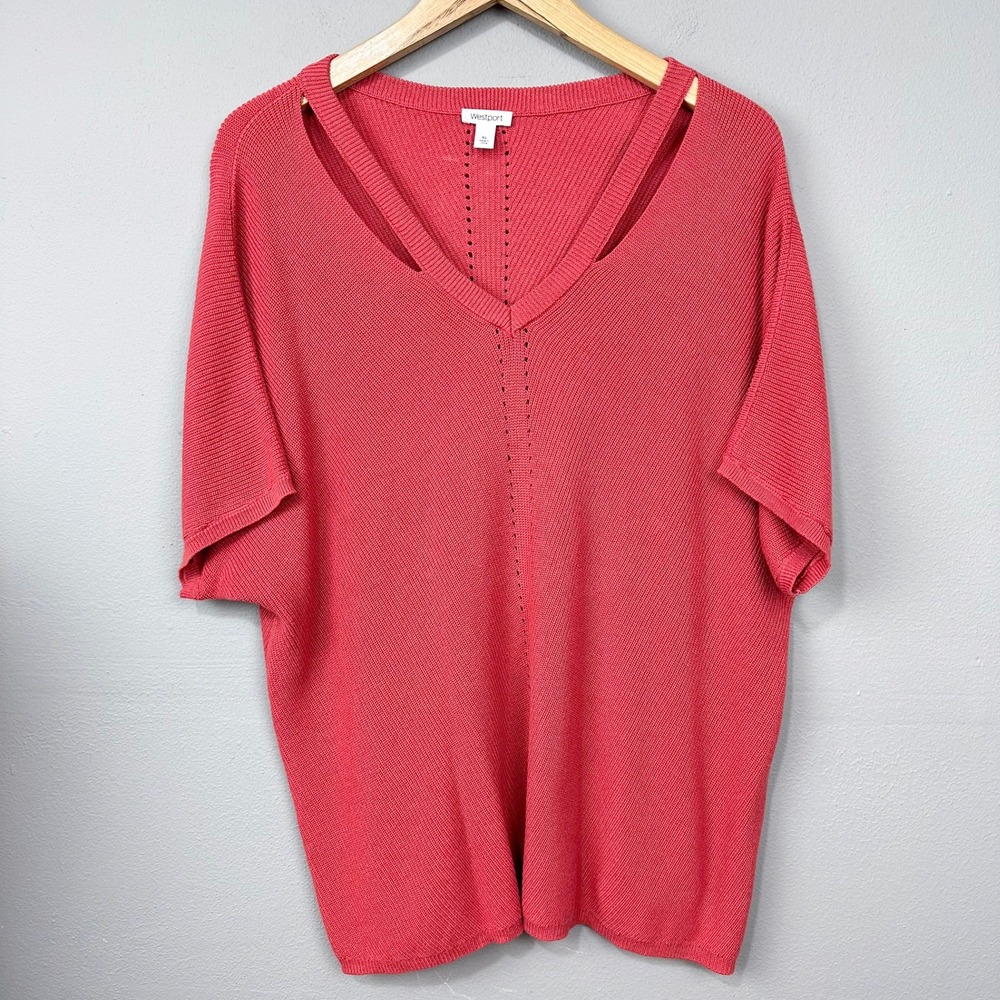 Westport Sweater Knit Top Womens XL Coral Orange Cutout Double V-Neck Dolman